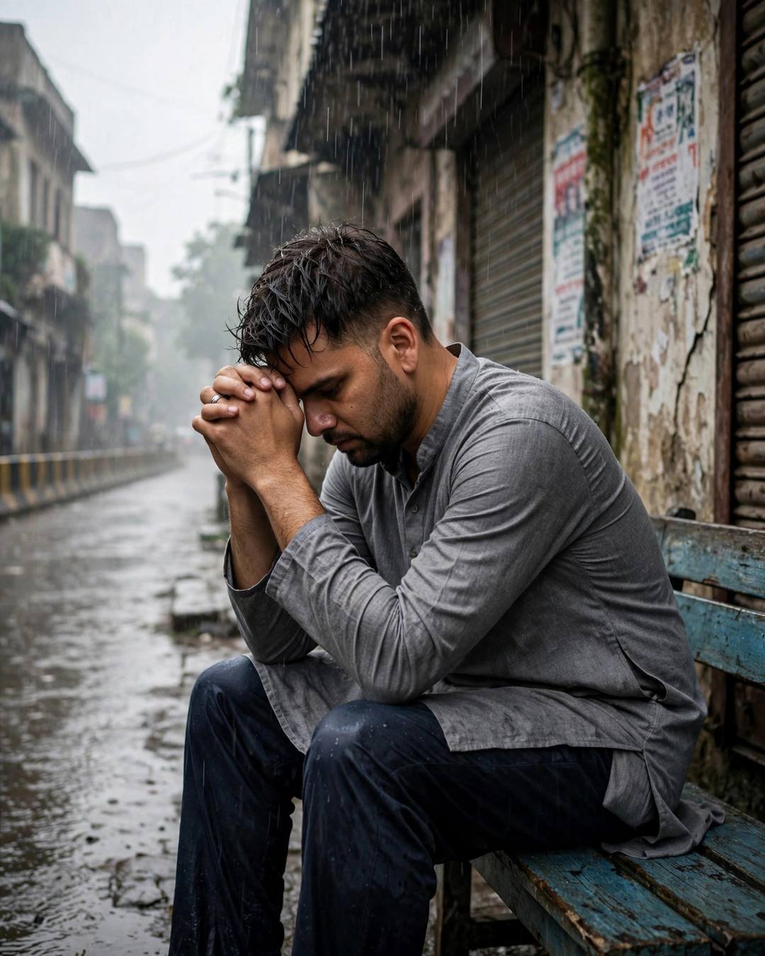 Young Indian man in grey kurta sitting on a blue bench in a rainy old-city lane, head bowed into clasped hands