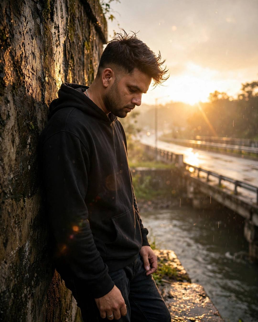 Young Indian man in black hoodie leaning against a mossy stone wall by a river bridge, golden hour flaring through rain