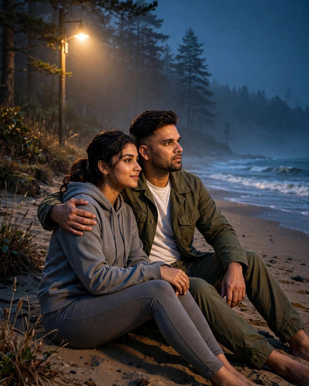 A young Indian couple sitting on a beach at night under a streetlamp, the man's arm around the woman's shoulders, waves behind them
