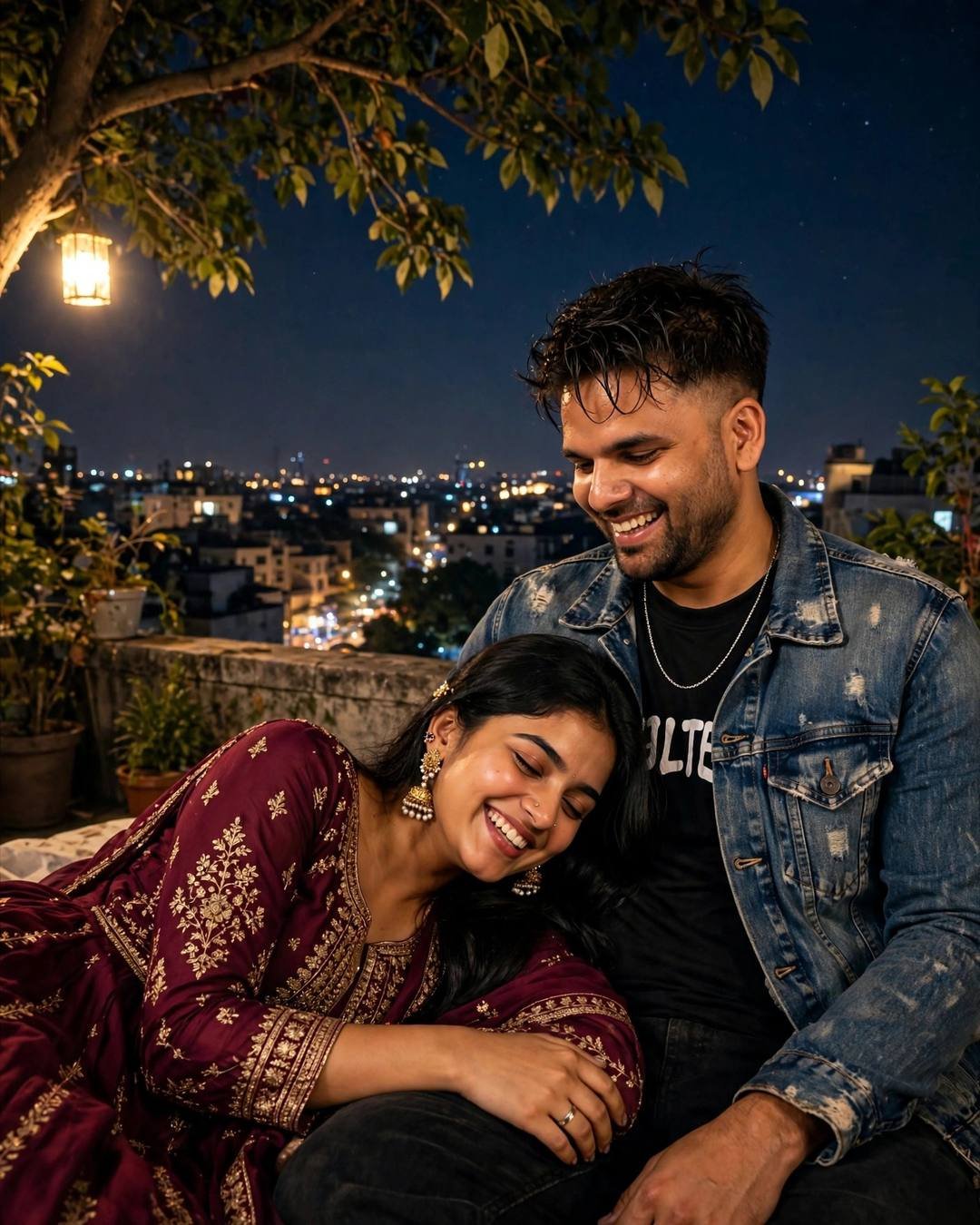 A young Indian couple laughing on a rooftop at night, the woman in a maroon anarkali with jhumkas leaning on the man in a denim jacket
