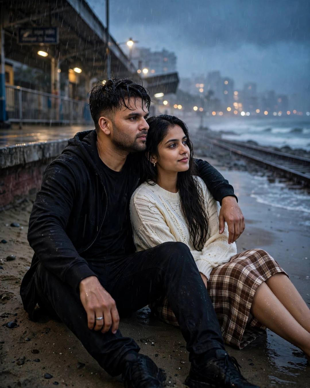 A young Indian couple in black streetwear and cream knit top sitting on the sand beside railway tracks in the rain at blue hour
