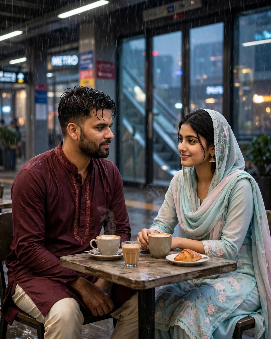 A young Indian couple in maroon kurta and pastel salwar-kameez sharing coffee at a café table in the rain near a metro station