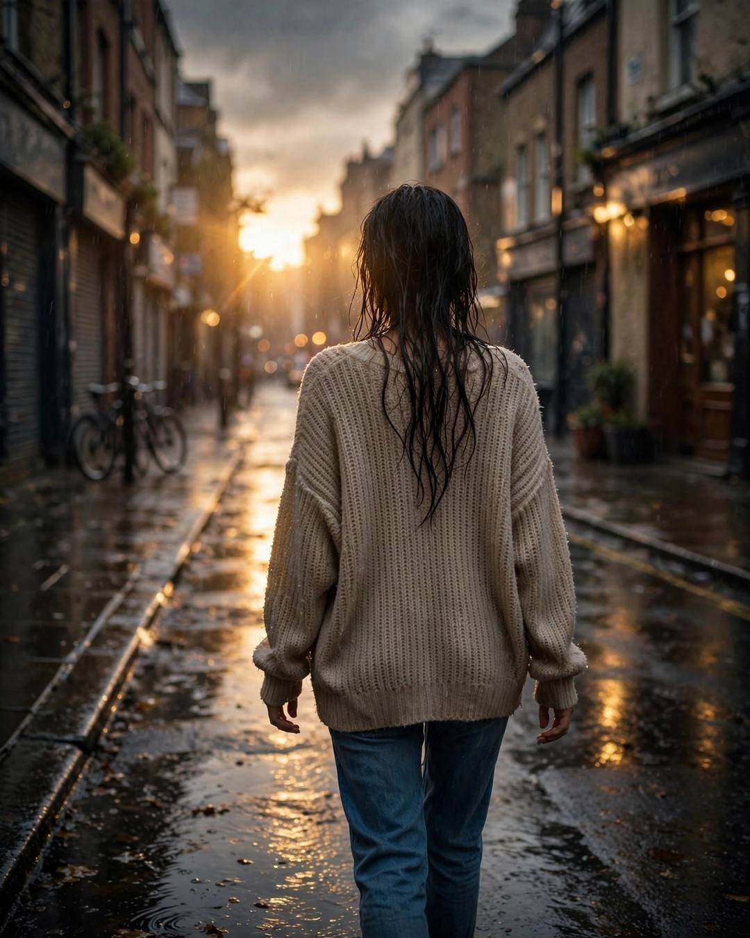 Woman in beige sweater walking away down a rain-soaked street at golden hour, wet hair, warm light on puddles