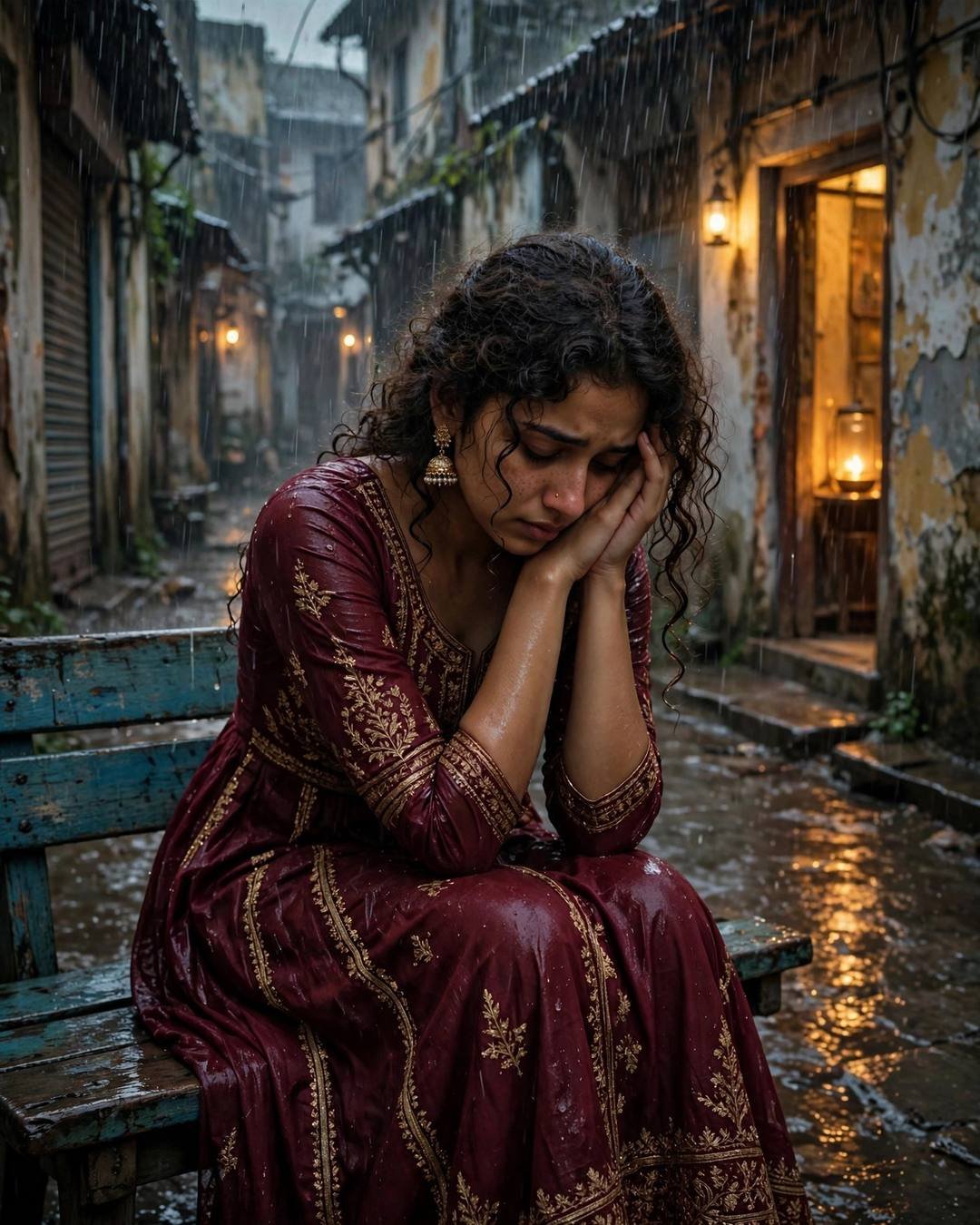 Young woman in maroon anarkali sitting on a bench in a rain-soaked old-city lane, head in her hands, warm lantern light behind
