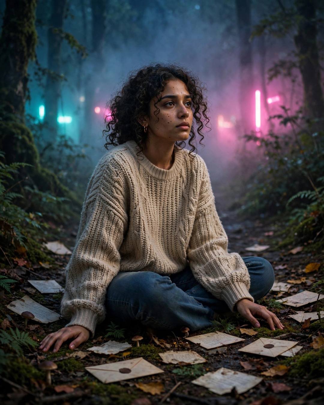 Young woman in beige sweater sitting cross-legged in a foggy forest surrounded by old letters, neon pink and cyan light in the mist