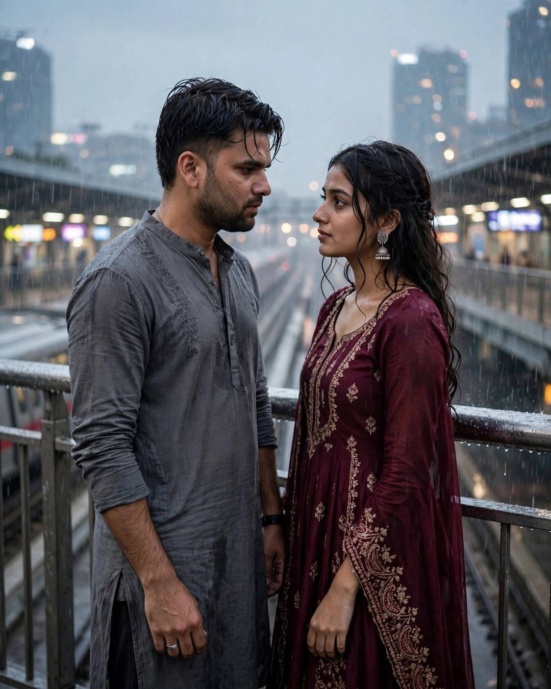 Young couple facing each other on a rainy bridge over metro tracks, man in grey kurta, woman in maroon anarkali, city blurred behind