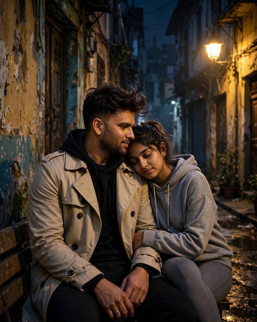 Young couple sitting close on a bench in a narrow old-city lane at midnight, her head resting on his shoulder, warm streetlamp above