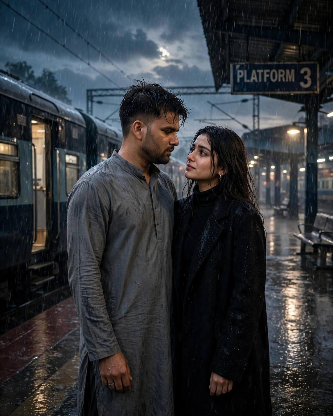 Young couple standing close on a rain-soaked railway platform at night, train waiting, moon breaking through storm clouds