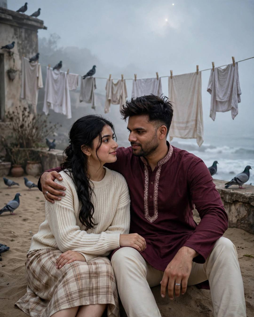 Young couple sitting close on a foggy terrace at dusk, his arm around her, pigeons and drying laundry lines around them