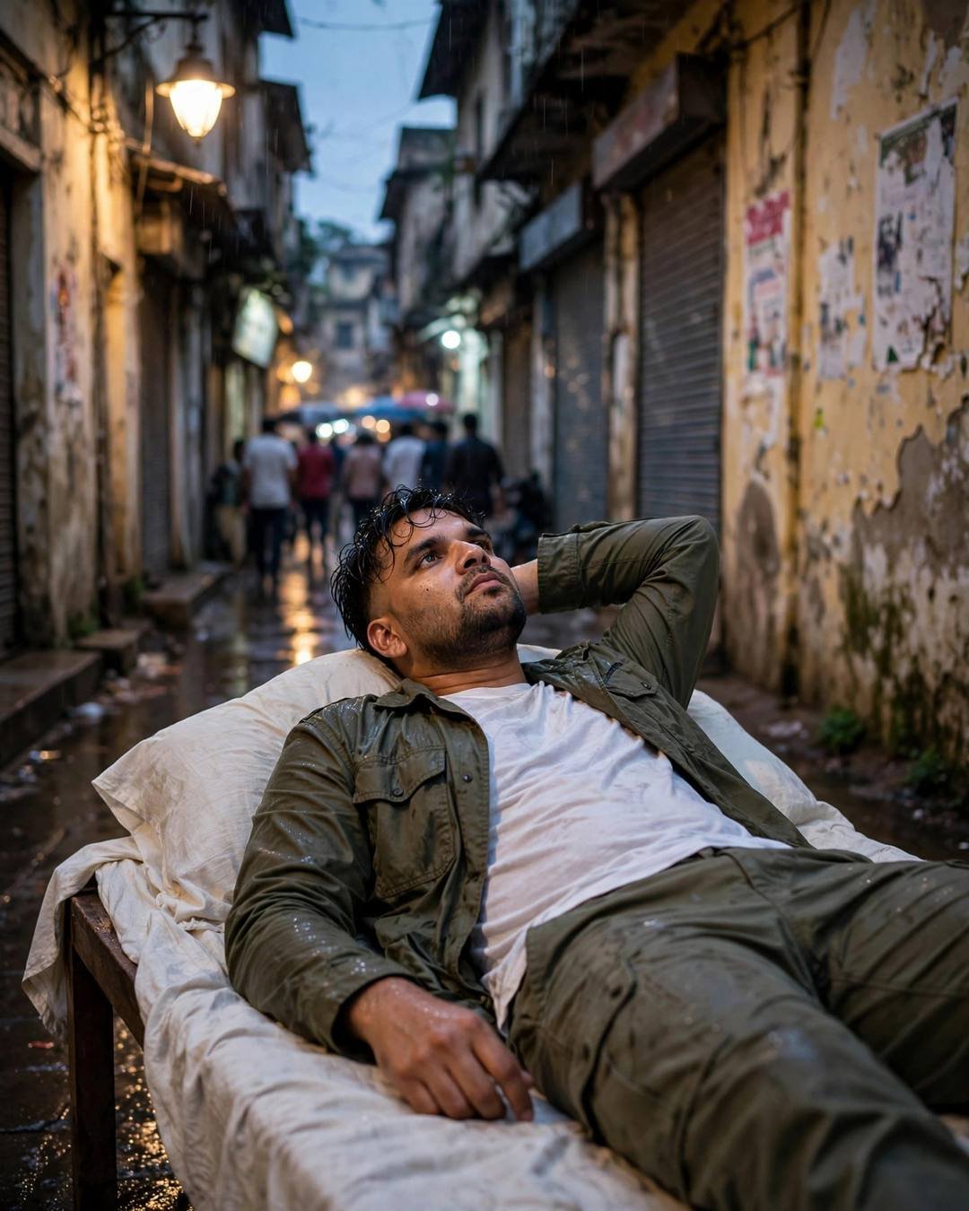 Young man in olive field jacket lying on a bed in a rainy old-city lane, arm behind head, gazing at the sky, crowd beyond