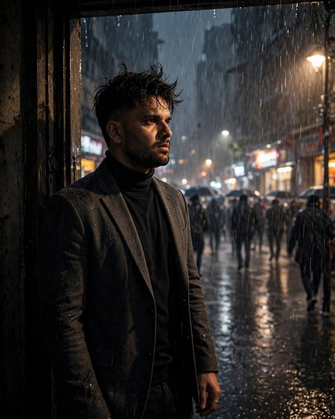 Young man in charcoal blazer standing in a doorway, half in shadow, watching a rain-soaked city street full of umbrellas at midnight