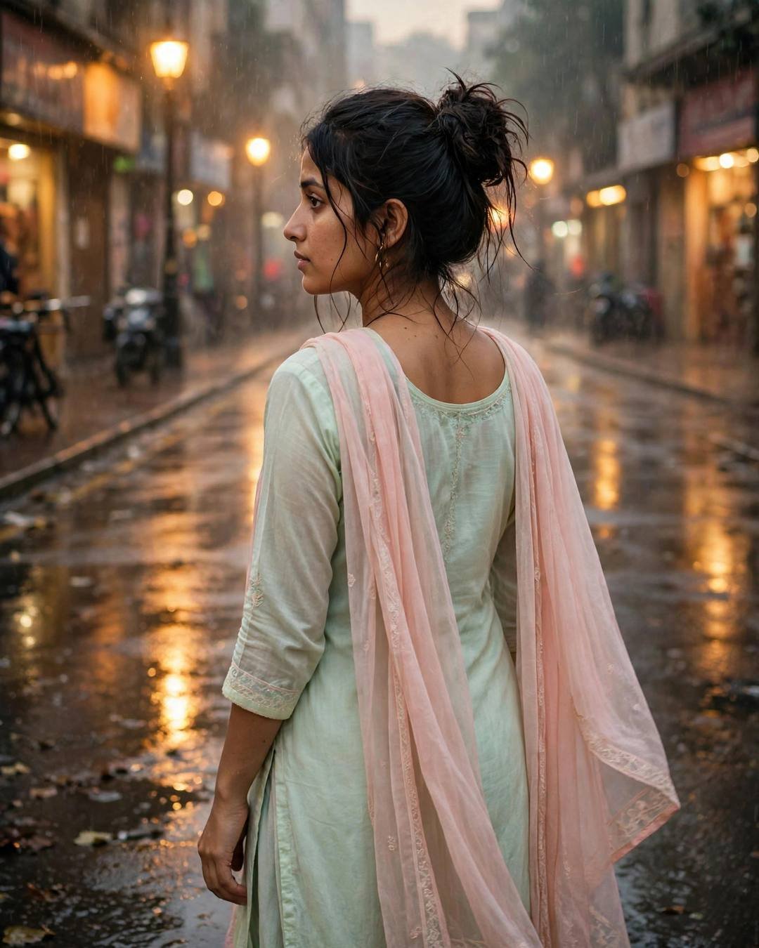 Young woman in pastel salwar-kameez on a rain-soaked city street at golden hour, looking back over her shoulder, streetlamps glowing