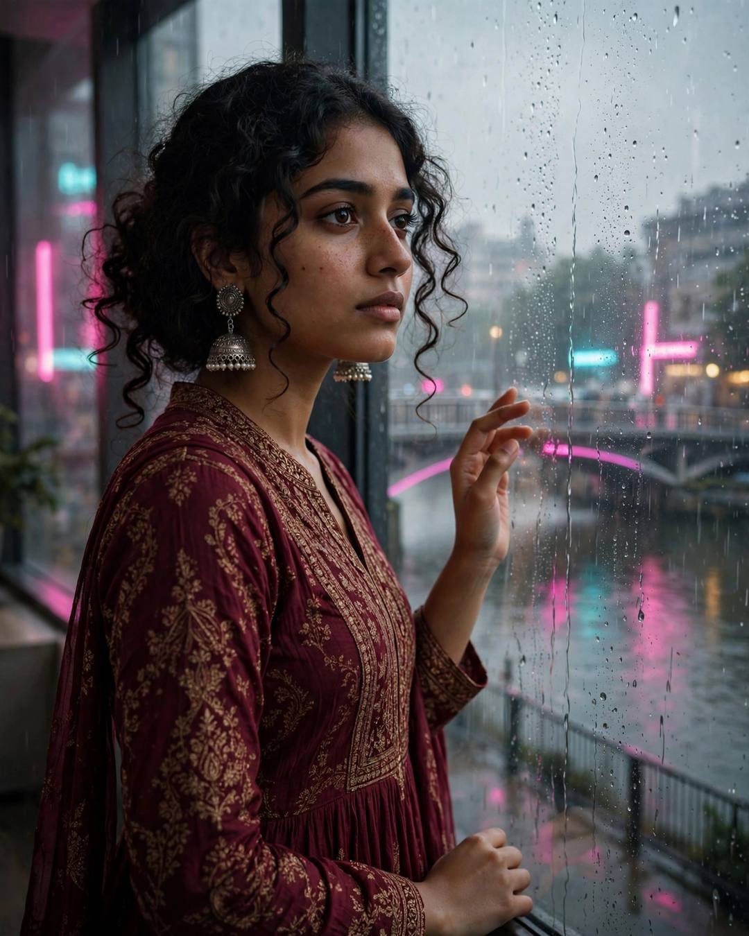 Young woman in maroon anarkali standing at a rain-streaked window, hand on the glass, neon pink and cyan city glowing beyond