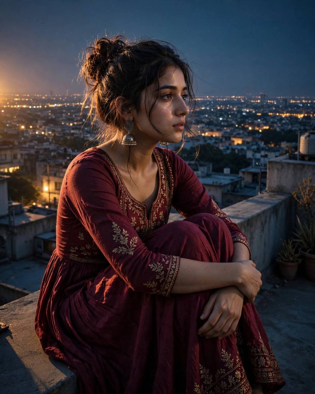 Young woman in maroon anarkali sitting on a rooftop ledge at golden hour, knees drawn up, gazing at the glowing city below