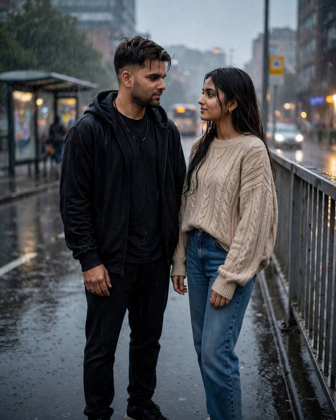 Young couple facing each other on a rainy city bridge, man in black streetwear, woman in beige sweater, sharing a look