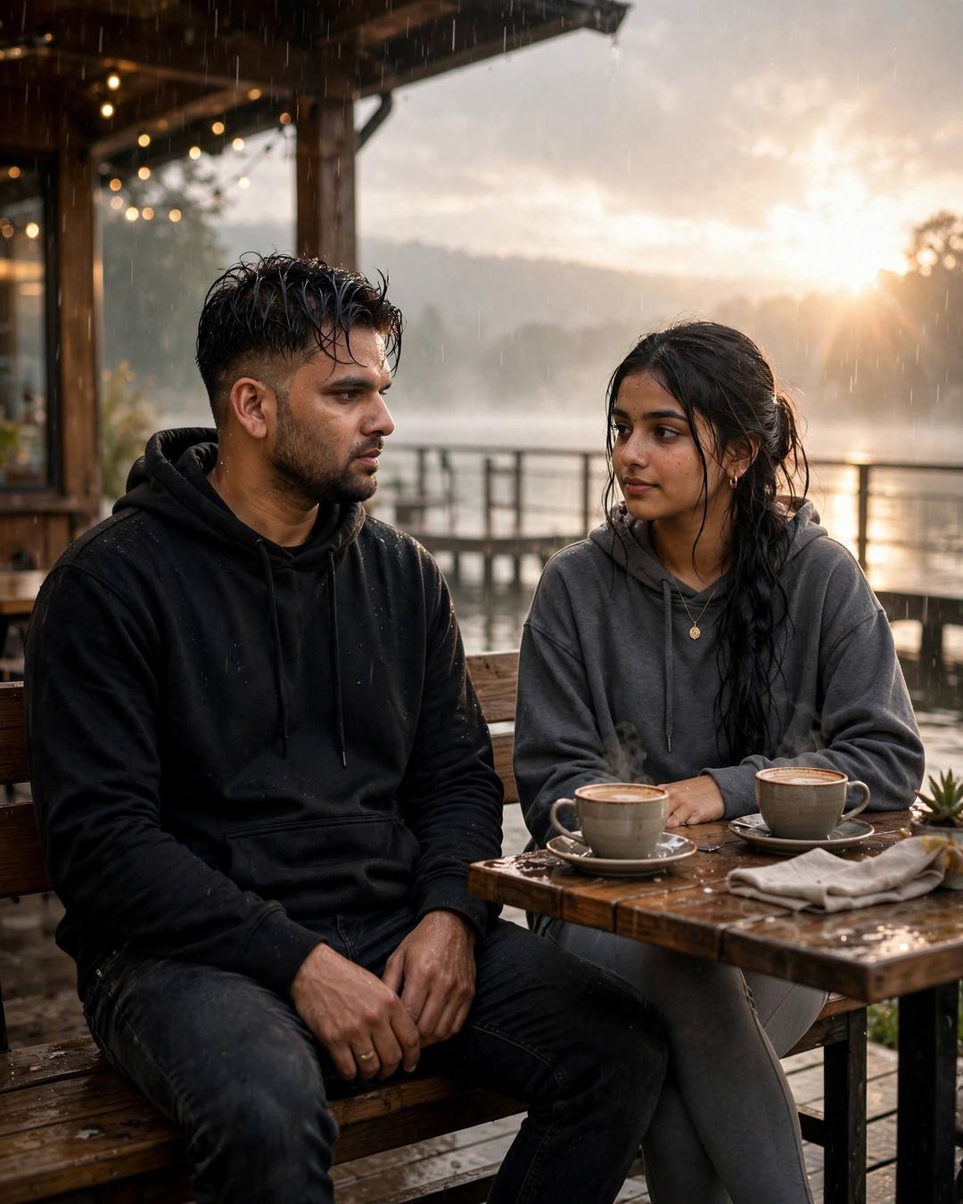 Young couple sharing coffee at a wooden table on a lake pier at dawn, rain falling, golden light breaking through, sharing a soft gaze