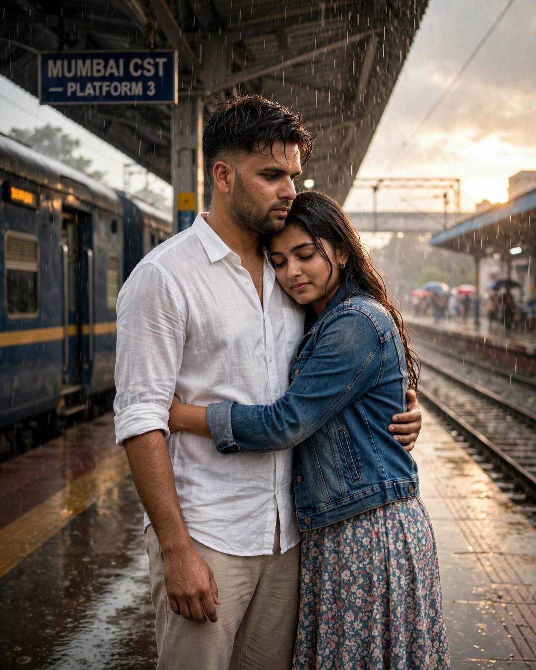 Young couple embracing on a rainy Mumbai CST railway platform, train waiting, sunset breaking through storm clouds