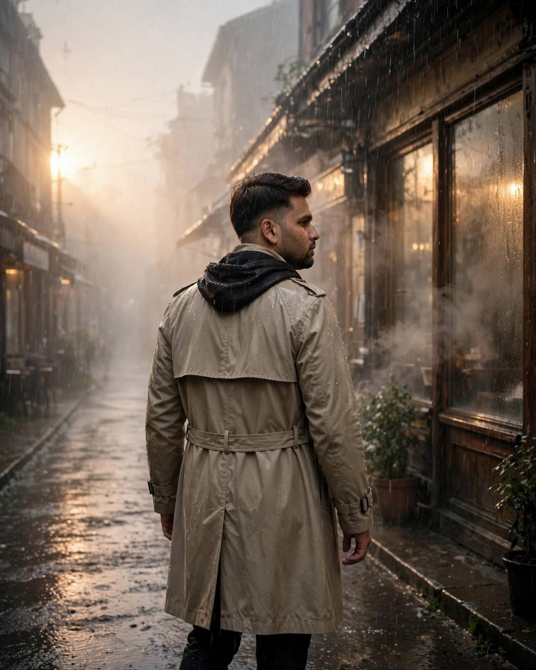 Young man in beige trench coat walking away down a rain-soaked old street at dawn, face in profile, glowing cafe windows