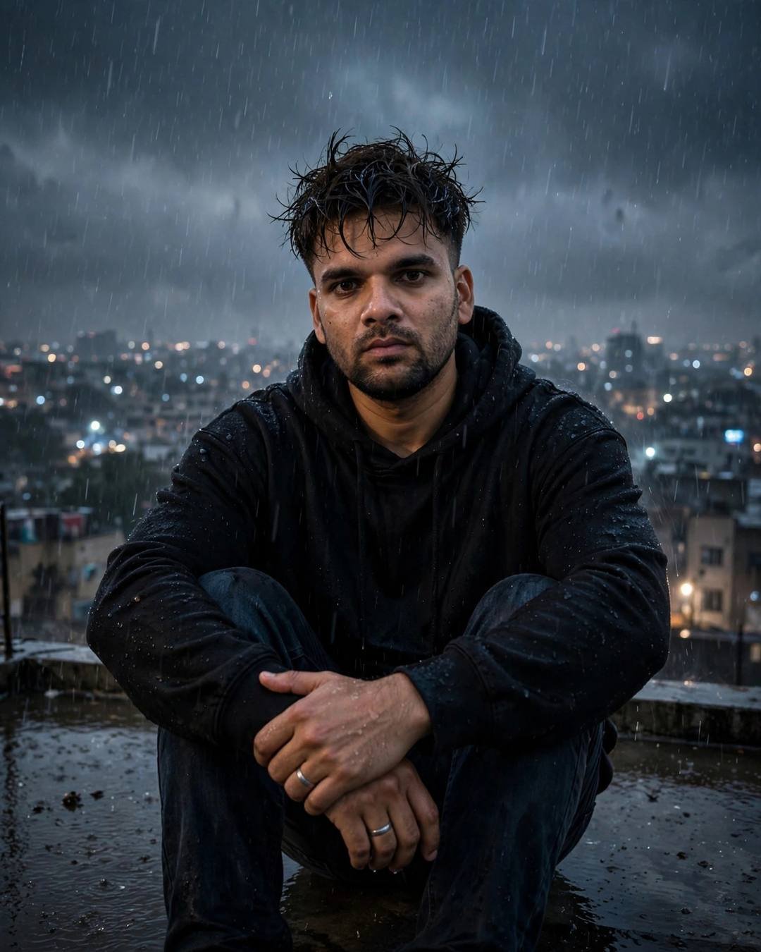 Young man in black hoodie sitting on a rain-soaked rooftop at midnight, knees drawn up, looking at the camera, city lights behind