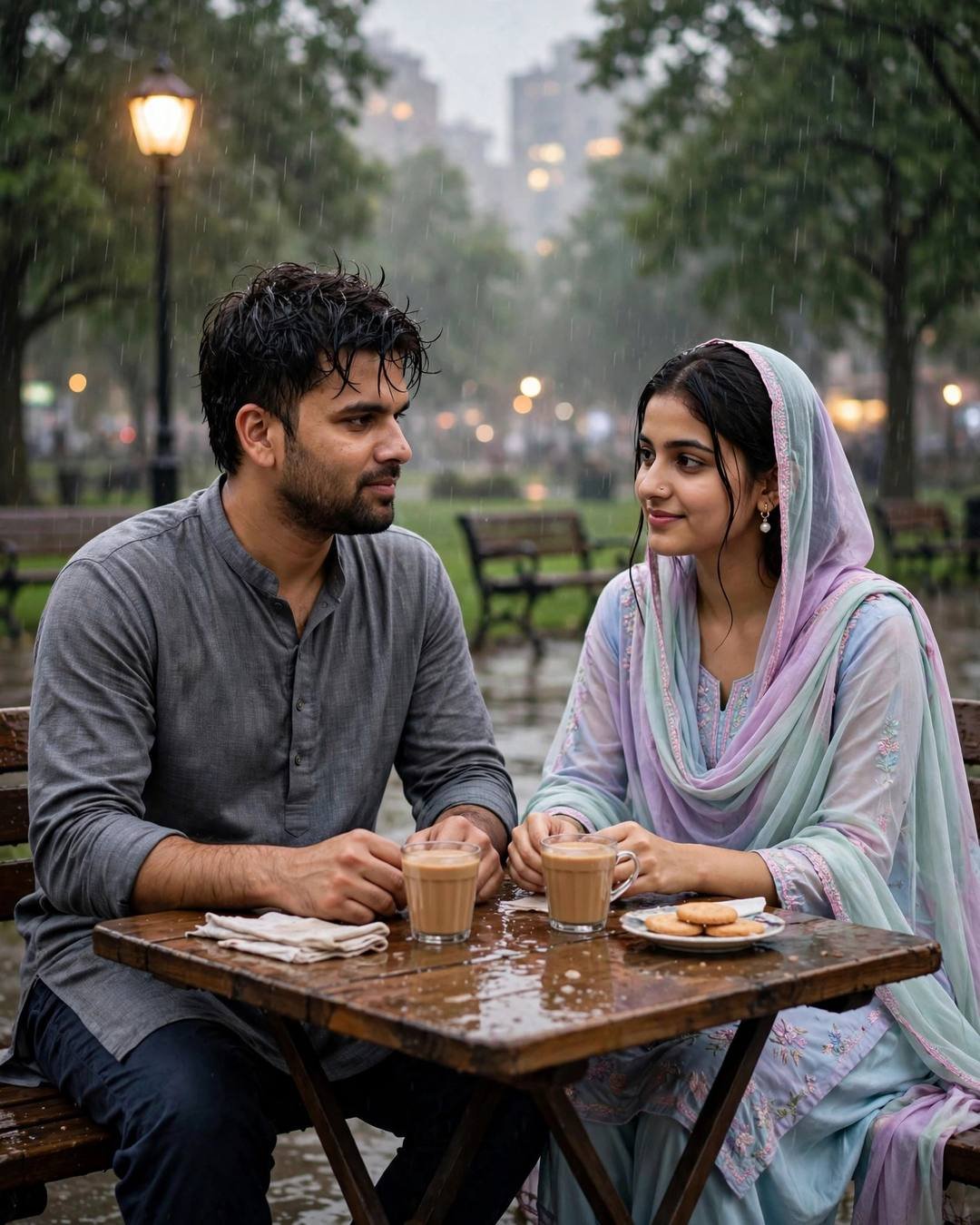 A young Indian couple sharing chai at a small table under a lone park lamp in the rain, the man in a grey kurta, the woman in a pastel salwar-kameez