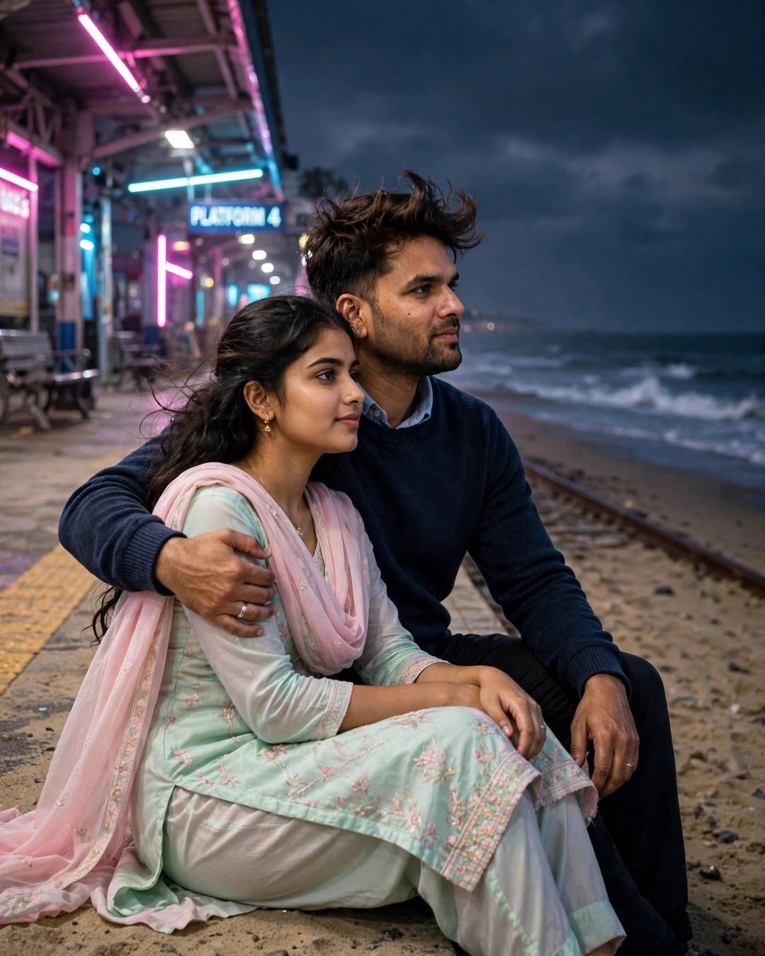 An Indian couple sitting close on a neon-lit railway platform by the sea at night, the man's arm around the woman's shoulders