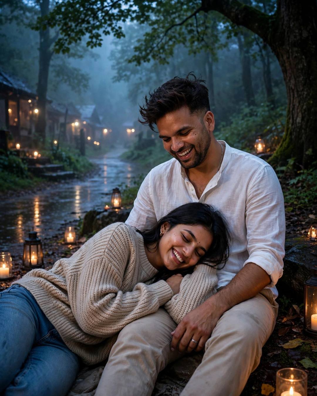 A young Indian couple laughing together on a misty forest path at blue hour, the woman's head in the man's lap, candles glowing around them