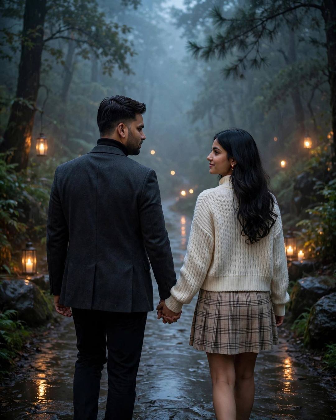 A young Indian couple in a blazer and knit top walking hand in hand down a misty lantern-lit forest path at dawn