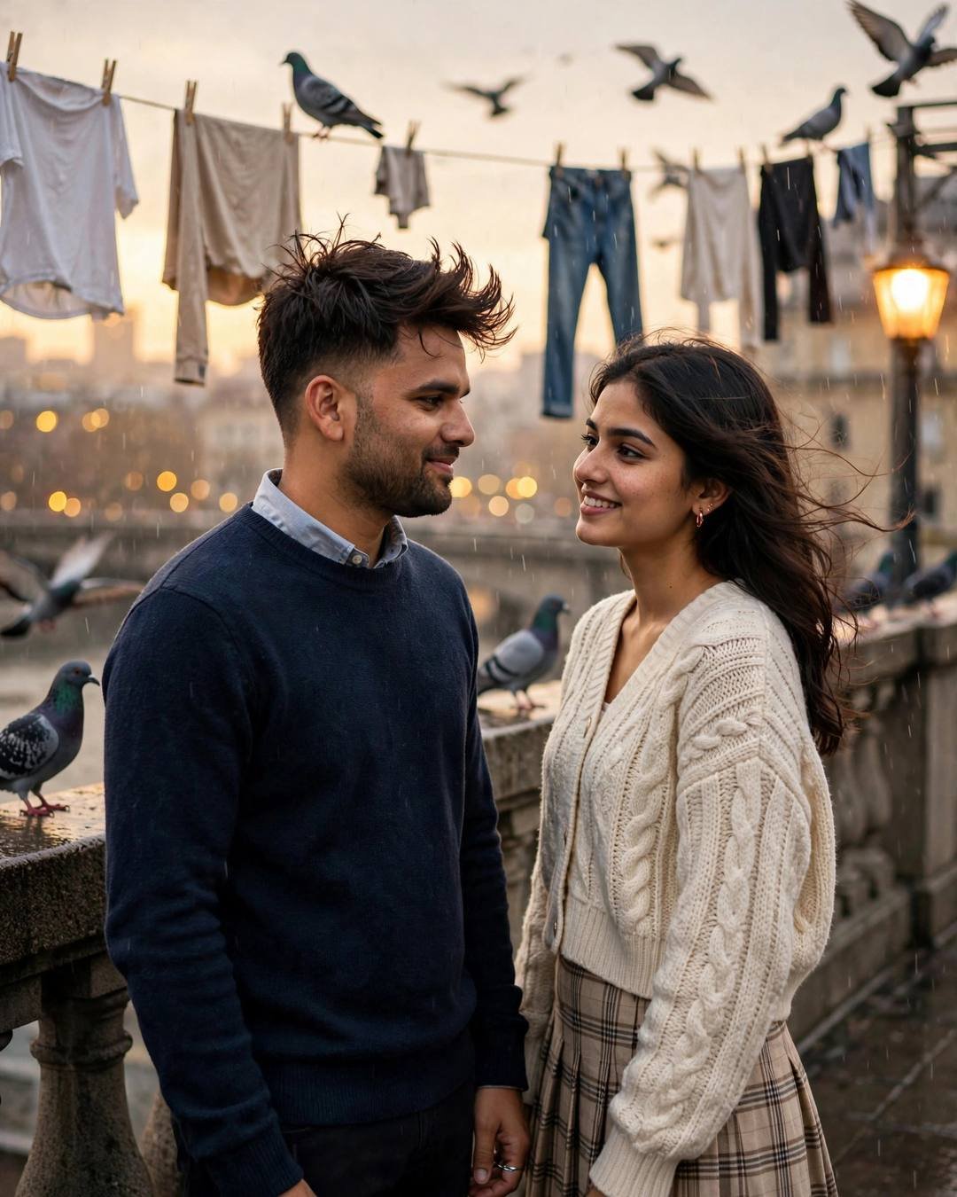 A young Indian couple in navy sweater and cream knit top standing face to face on a terrace with drying clothes and pigeons at golden hour