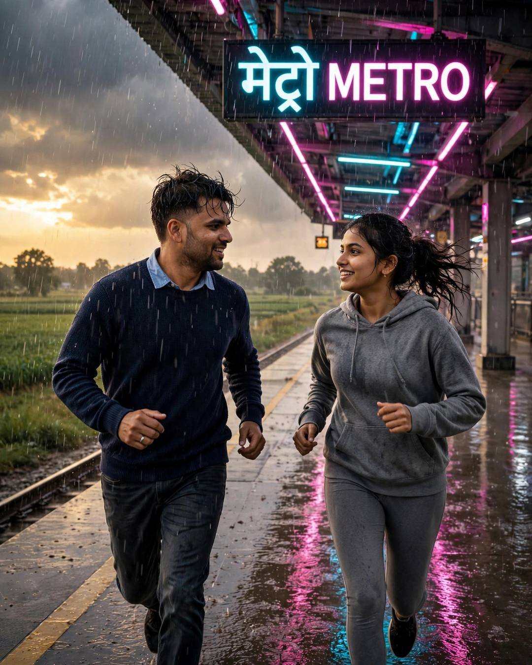 A young Indian couple in navy sweater and grey hoodie running through monsoon rain under a neon metro sign