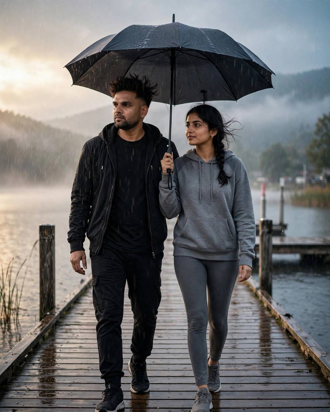 A young Indian couple in black streetwear and grey hoodie walking under one umbrella along a lake pier at dawn in light rain