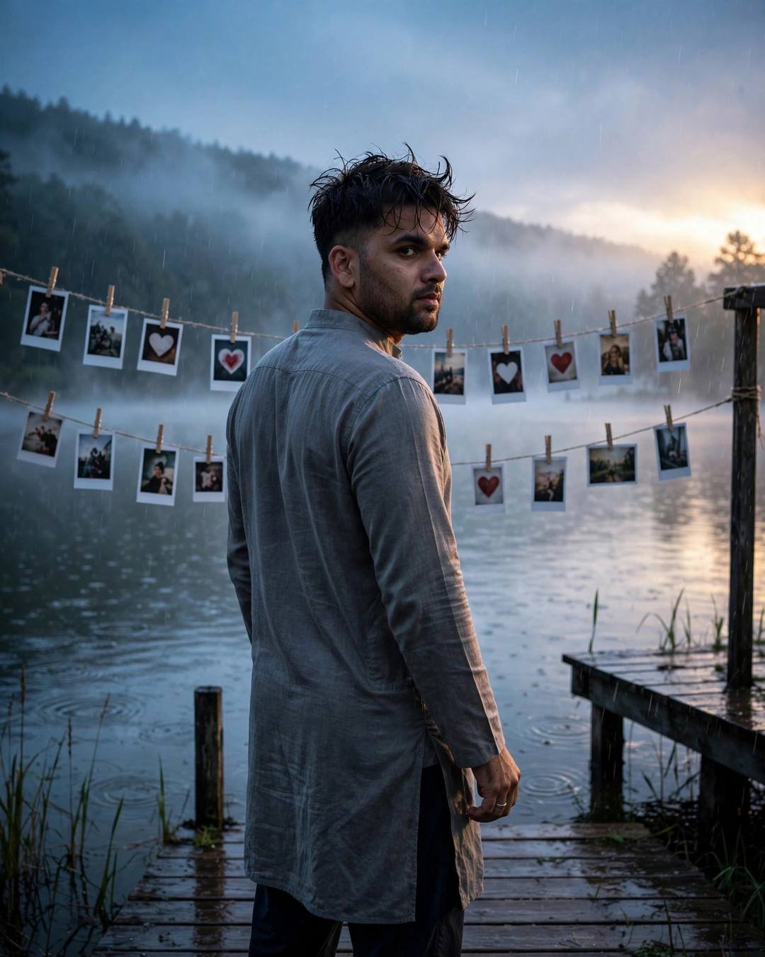 A young Indian man in a grey kurta standing on a lake pier at dawn looking over his shoulder, strings of polaroids hanging between posts
