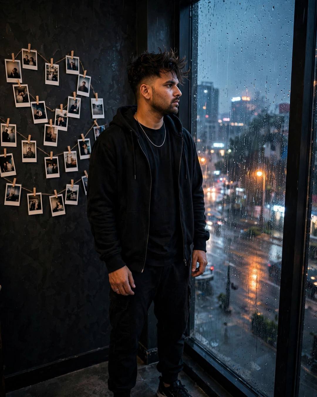 A young Indian man in black streetwear standing at a rain-streaked window beside a wall of polaroid photos, city lights behind