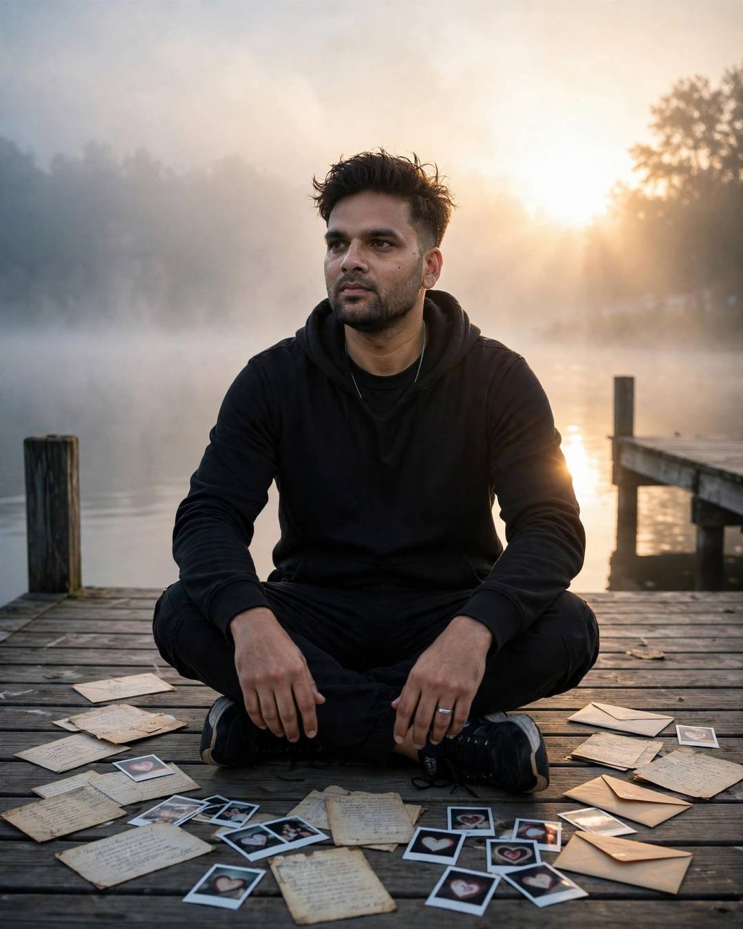 A young Indian man in black streetwear sitting cross-legged on a lake pier at dawn, old letters and polaroids spread around him in the fog