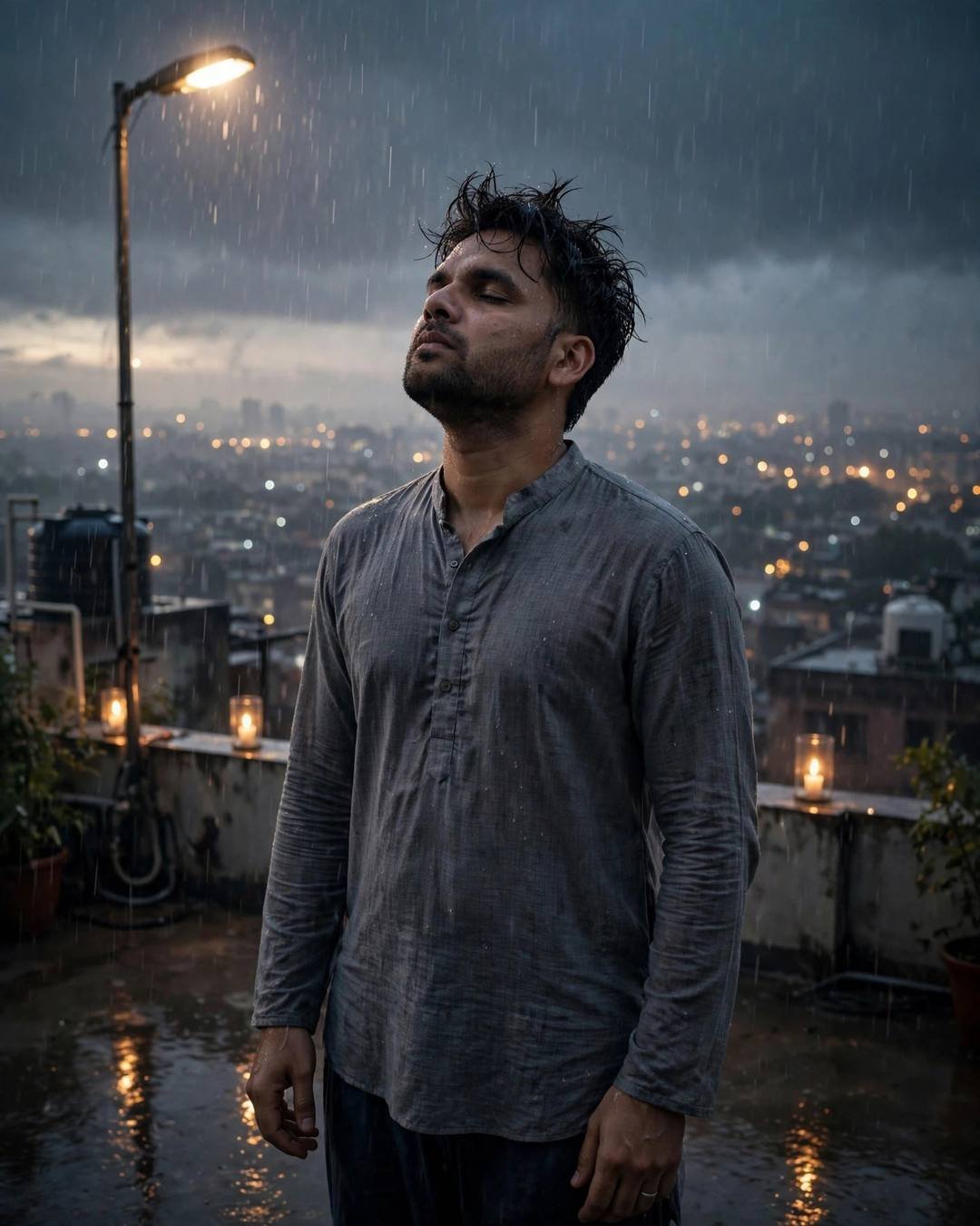 Young man in grey kurta standing on a rain-soaked rooftop with face lifted to the sky, candles burning on the ledge, city lights below