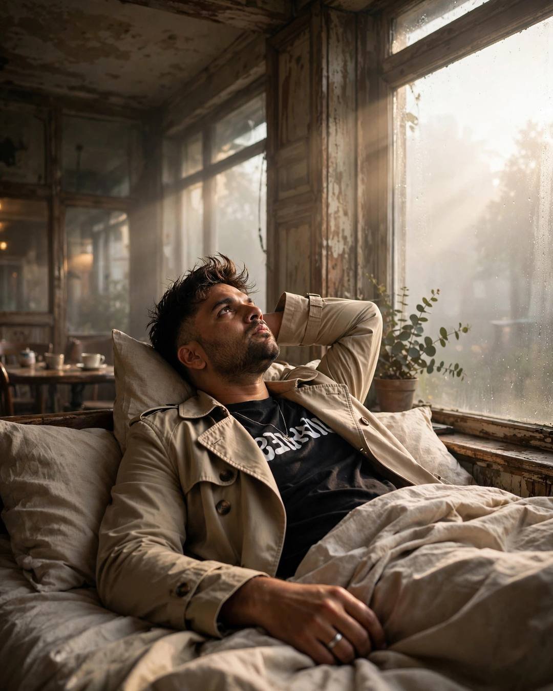Young man in a trench coat lying back on a daybed in an empty old cafe at dawn, gazing at fogged windows