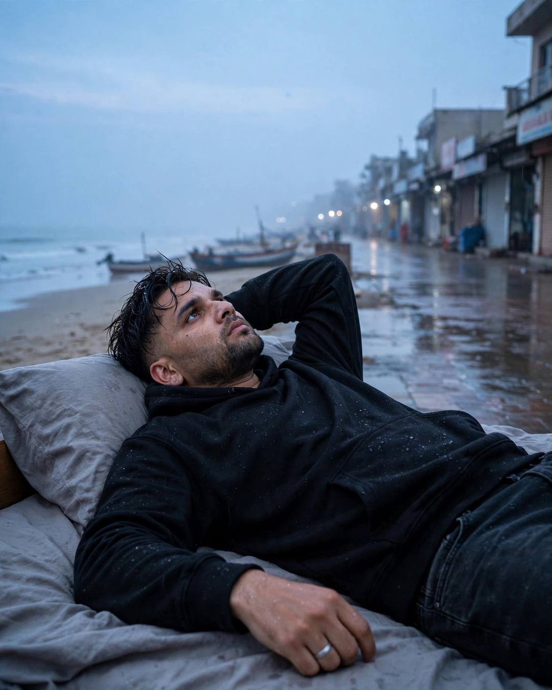 Young man in black hoodie lying on a bed placed on a wet beachside street at dawn, gazing at the blue sky, boats behind