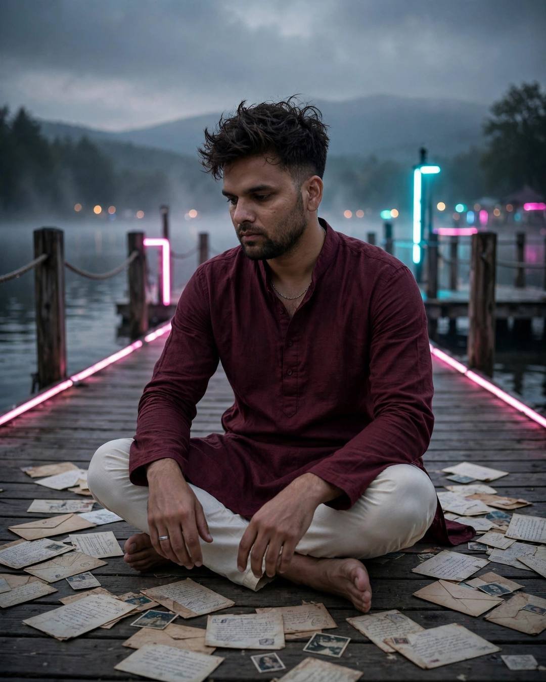 Young man in maroon kurta sitting cross-legged on a misty pier surrounded by old letters, neon pink and cyan lights glowing behind