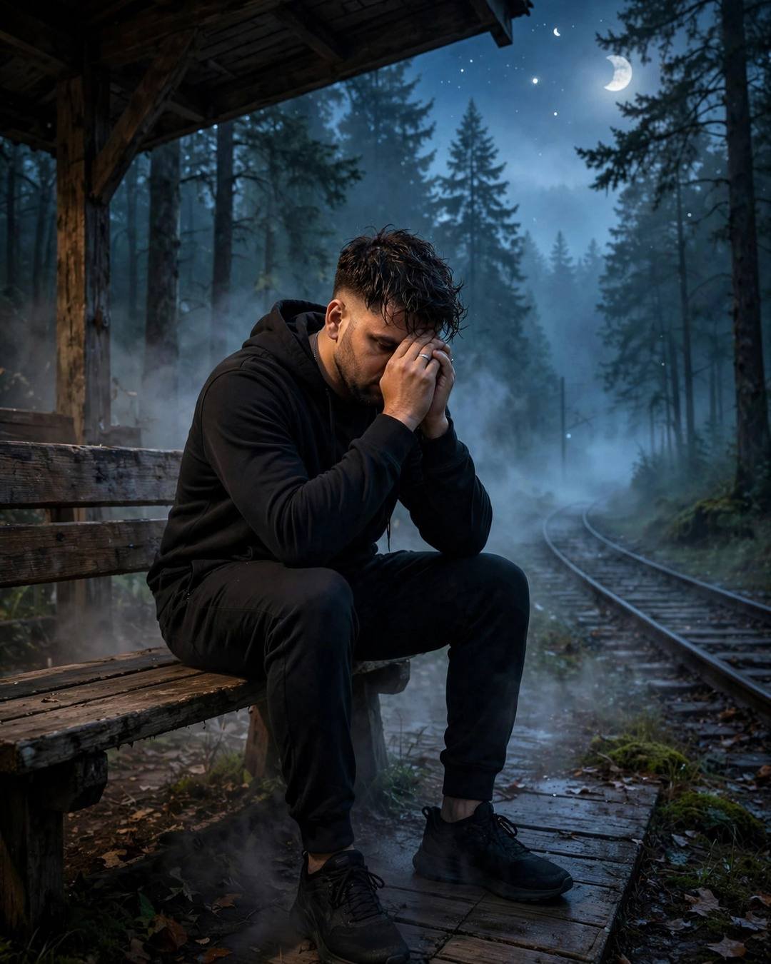 A young Indian man in black streetwear sitting on a wooden station bench in a misty moonlit forest at night, head in his hands