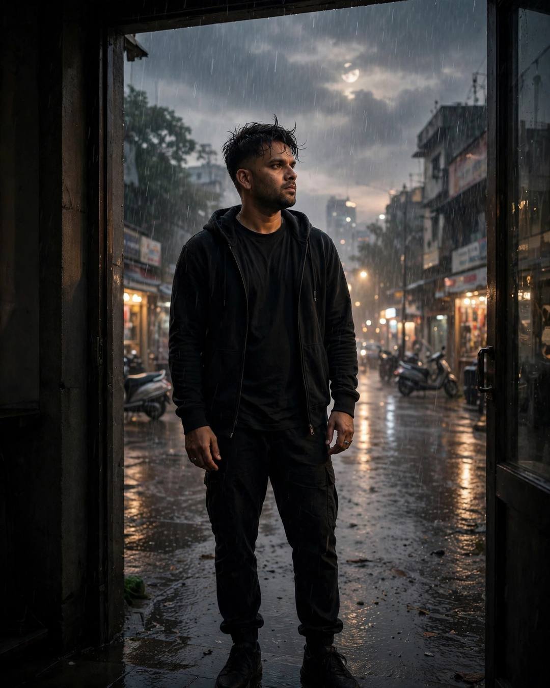 A young Indian man in black streetwear standing half in shadow in a doorway, watching heavy monsoon rain on a city street