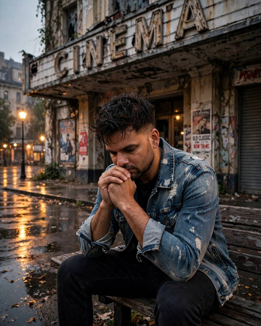 A young Indian man in a distressed denim jacket sitting on a bench before an abandoned cinema at golden hour, hands clasped, deep in thought