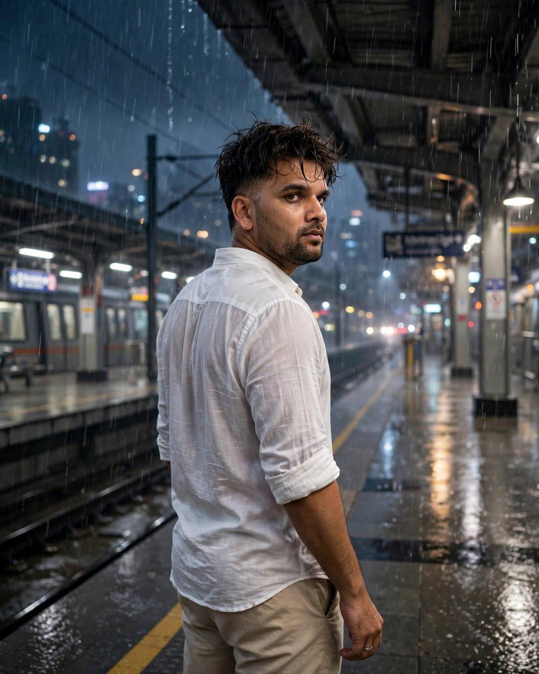 A young Indian man in a white linen shirt standing on a rainy metro platform at midnight, looking back over his shoulder