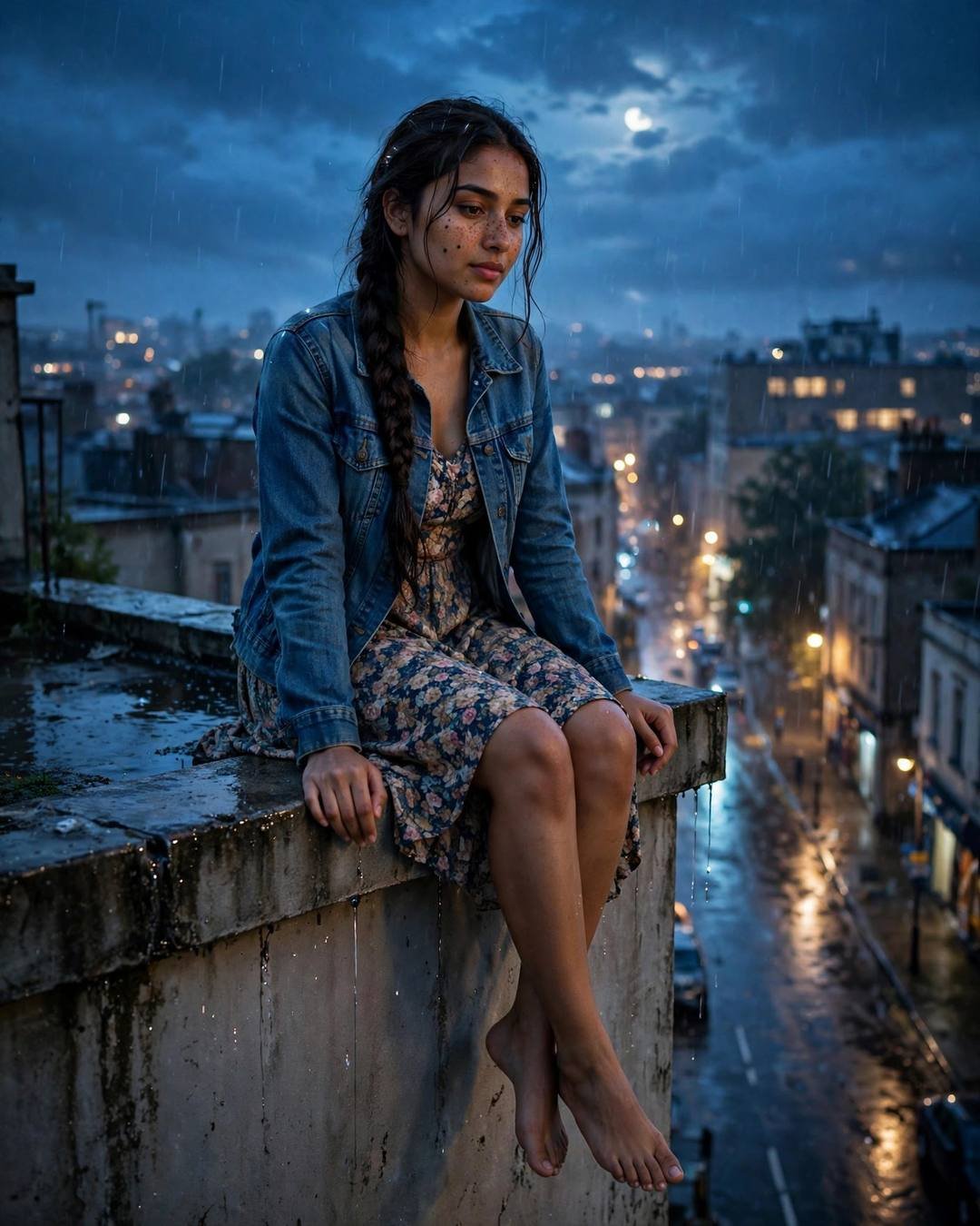 A young Indian woman in a denim jacket and floral dress with a long braid sitting on a rooftop ledge at blue hour, legs dangling over a rainy city