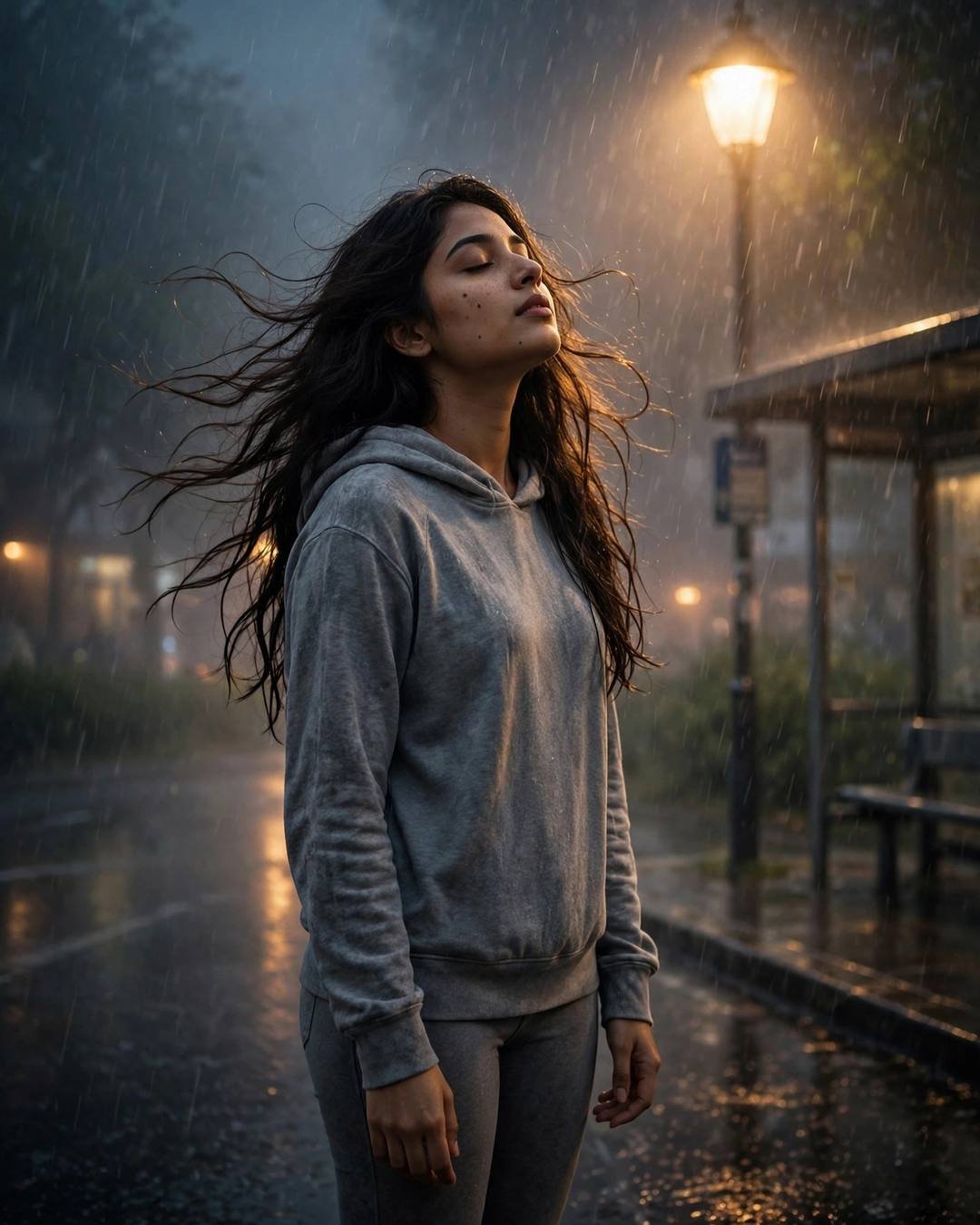 A young Indian woman in a grey hoodie standing under a streetlamp in heavy rain at a bus stop, face lifted to the sky