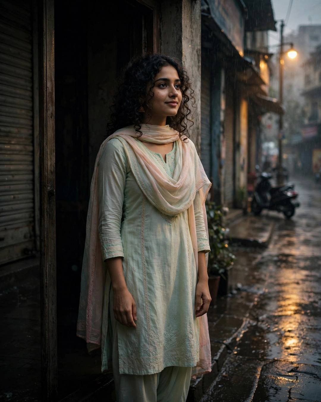 A young Indian woman in a pastel salwar-kameez with dupatta standing in a doorway on a rain-soaked street at dawn