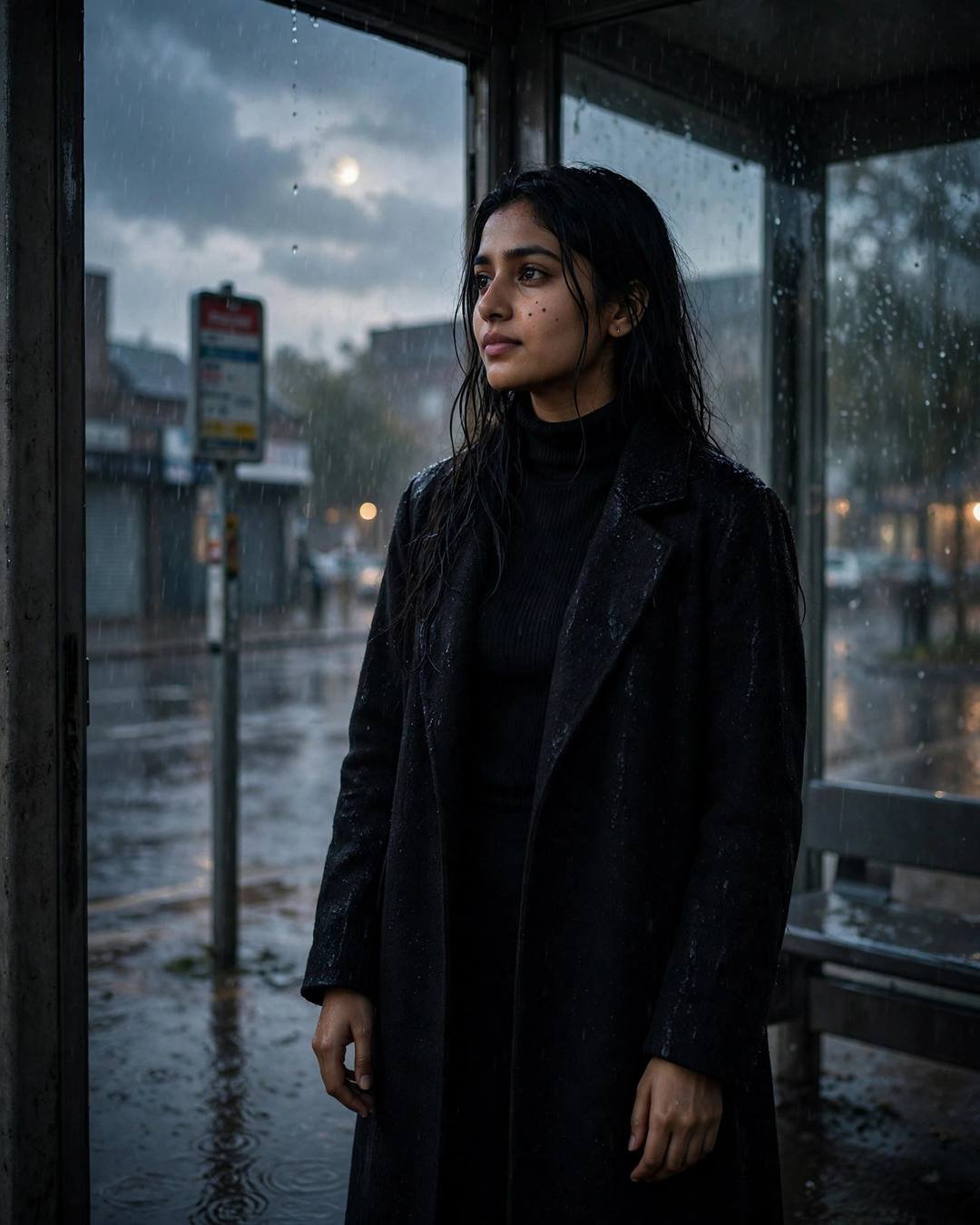 A young Indian woman in a black turtleneck and long coat with wet hair standing at a rainy bus stop, gazing out