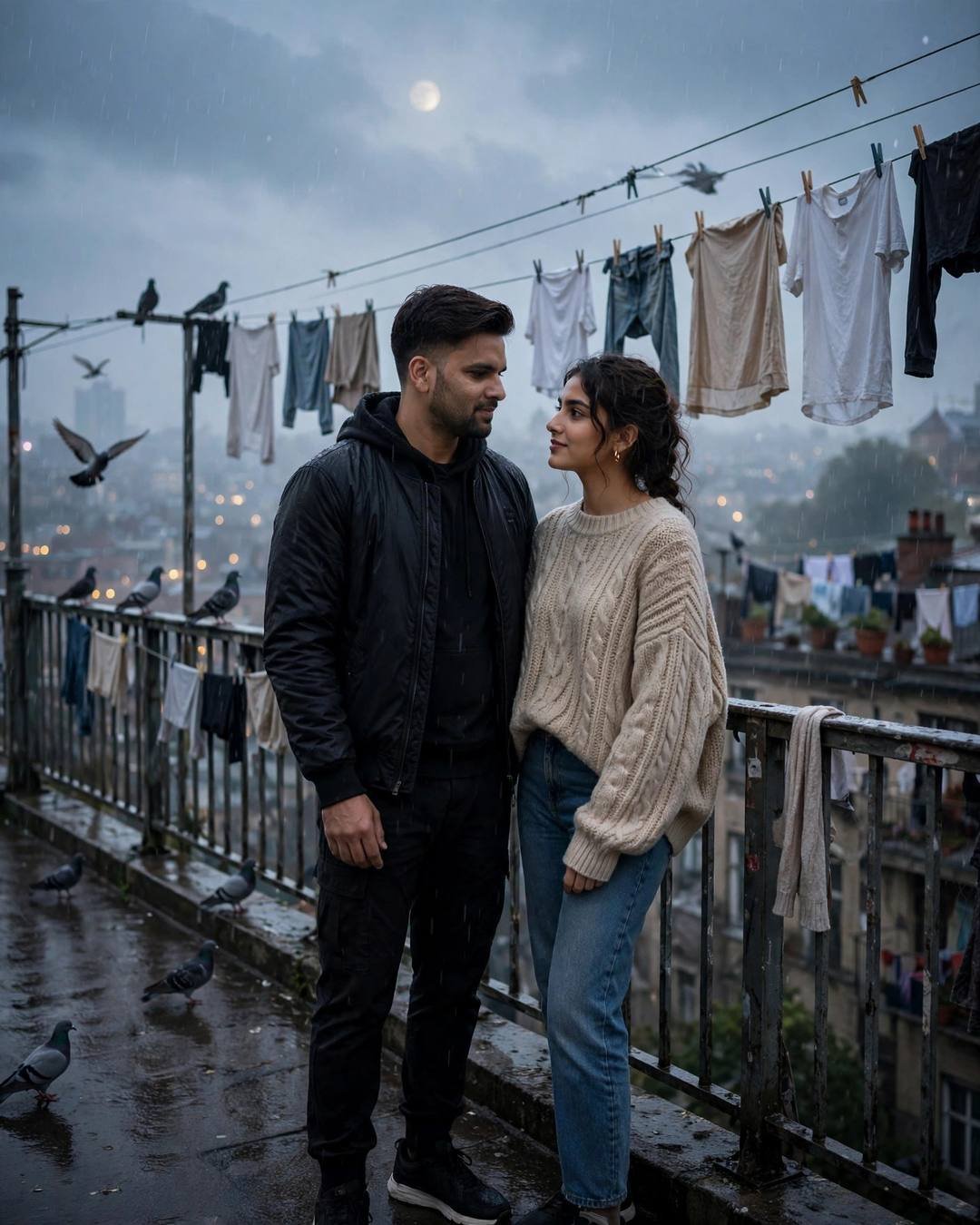 Young Indian couple face to face on a terrace at dawn — black streetwear, beige sweater, clothes lines and pigeons around