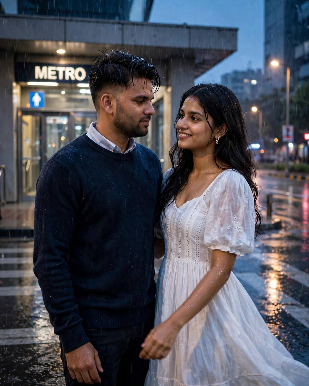 Young Indian couple dancing on a rainy street at night — navy sweater, white dress, metro entrance glowing behind