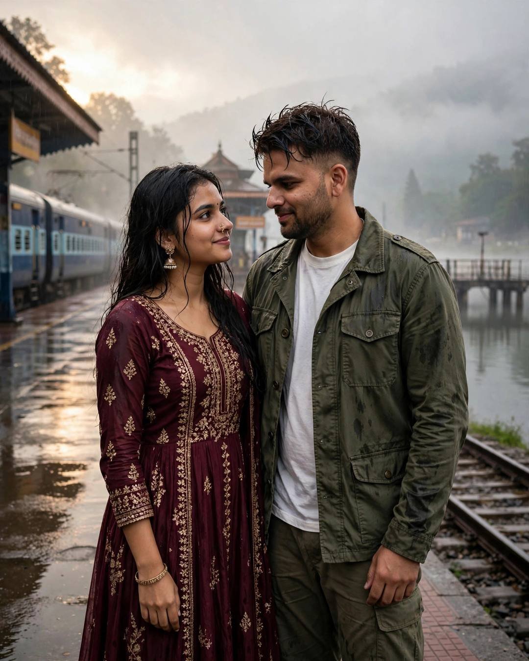 Young Indian couple face to face on a misty railway platform by a lake — olive jacket, maroon anarkali with jhumkas