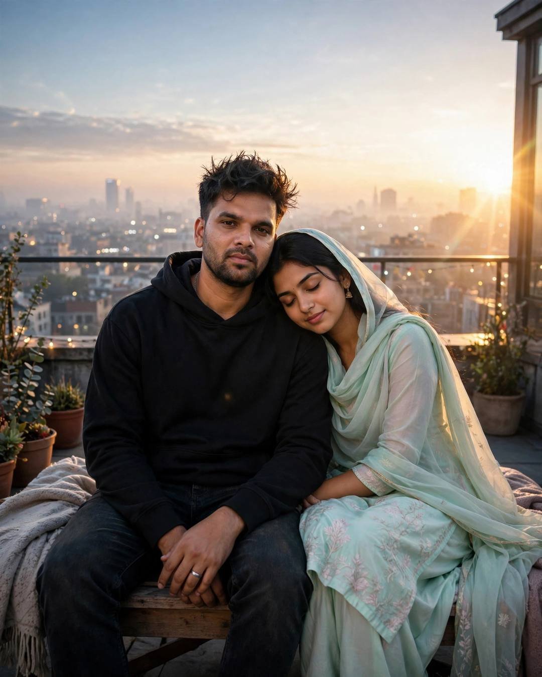 Young Indian couple on a golden rooftop bench — woman in pastel salwar-kameez leaning on man's shoulder, black hoodie
