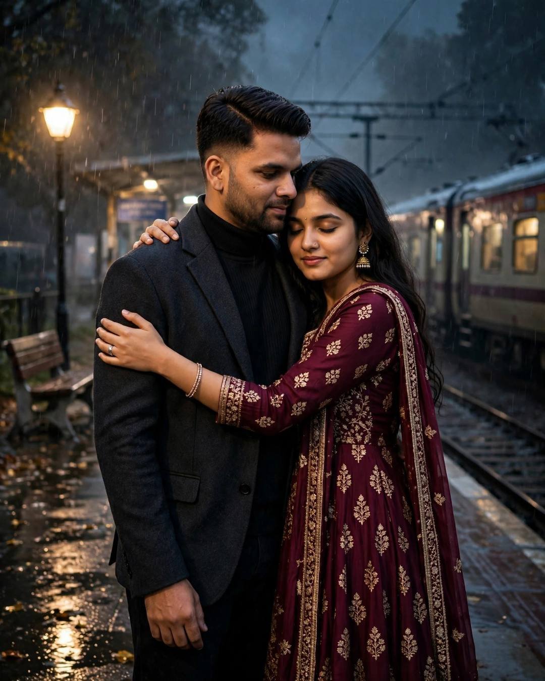 Young Indian couple embracing on a rainy railway platform at midnight — charcoal blazer, maroon anarkali with jhumkas, train waiting